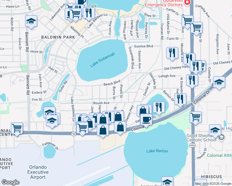 map of restaurants, bars, coffee shops, grocery stores, and more near 972 Pinelli Street in Orlando