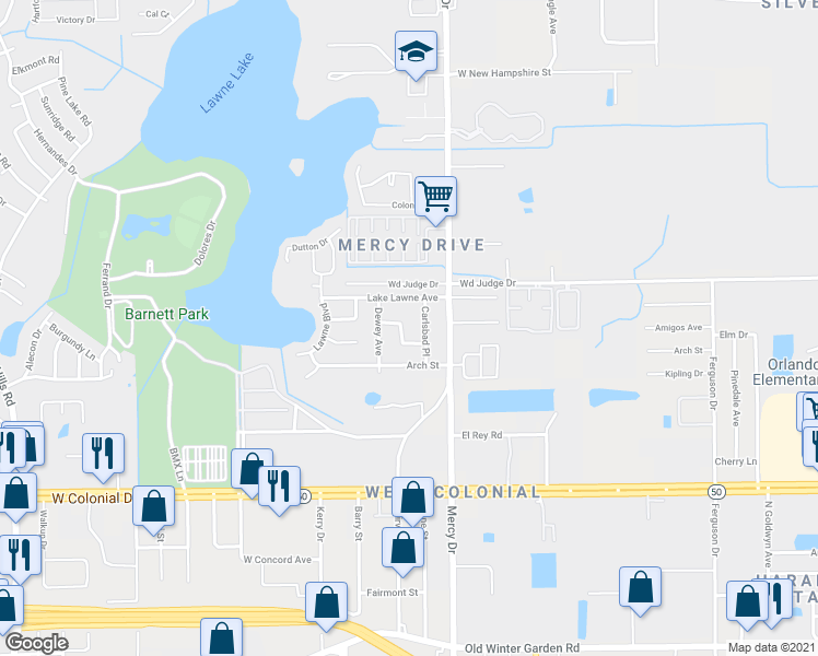 map of restaurants, bars, coffee shops, grocery stores, and more near 4349 Aetna Drive in Orlando