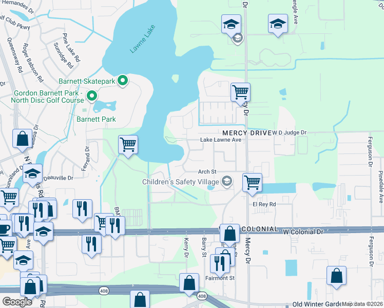 map of restaurants, bars, coffee shops, grocery stores, and more near 4512 Fargo Place in Orlando
