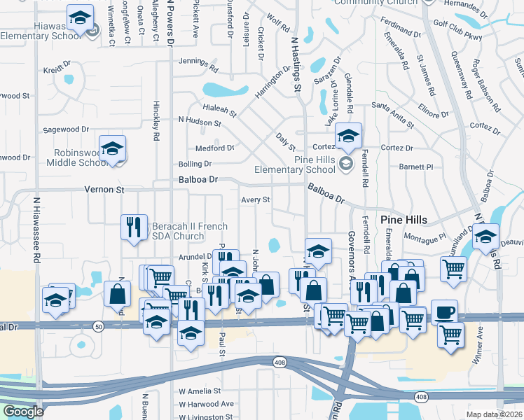 map of restaurants, bars, coffee shops, grocery stores, and more near 5920 Avery Street in Orlando