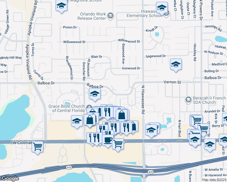 map of restaurants, bars, coffee shops, grocery stores, and more near 7047 Balboa Drive in Orlando