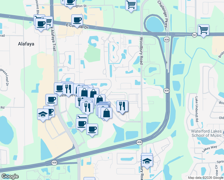 map of restaurants, bars, coffee shops, grocery stores, and more near 1056 Coquina Rock Street in Orlando