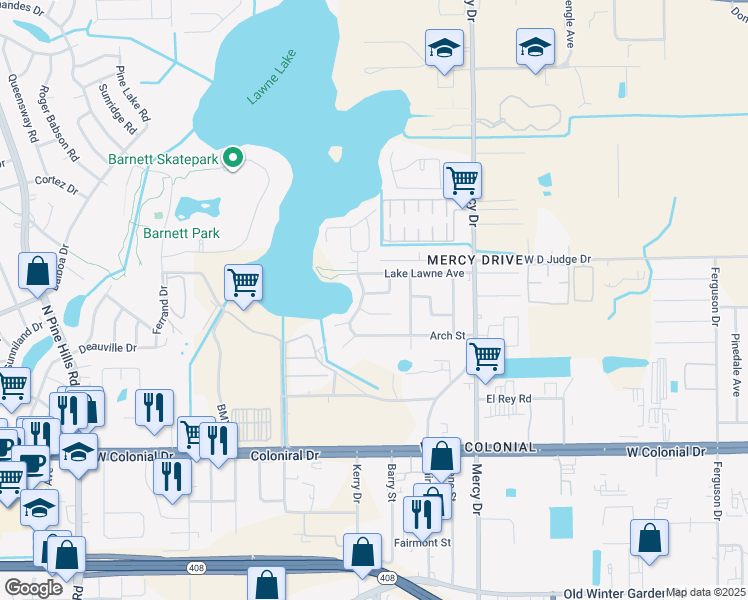 map of restaurants, bars, coffee shops, grocery stores, and more near 4512 Fargo Place in Orlando