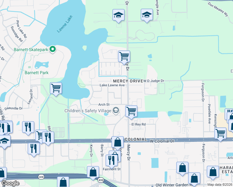 map of restaurants, bars, coffee shops, grocery stores, and more near 4349 Aetna Drive in Orlando