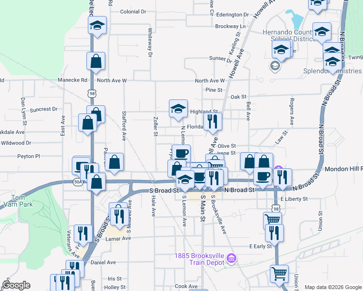 map of restaurants, bars, coffee shops, grocery stores, and more near 251 North Lemon Avenue in Brooksville