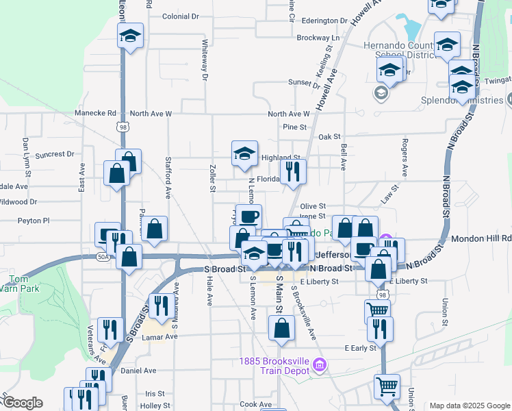 map of restaurants, bars, coffee shops, grocery stores, and more near 248 North Lemon Avenue in Brooksville