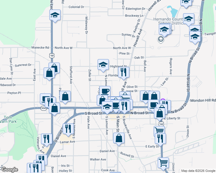map of restaurants, bars, coffee shops, grocery stores, and more near 300 North Lemon Avenue in Brooksville