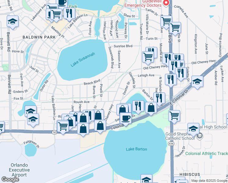 map of restaurants, bars, coffee shops, grocery stores, and more near 5216 Josephine Street in Orlando