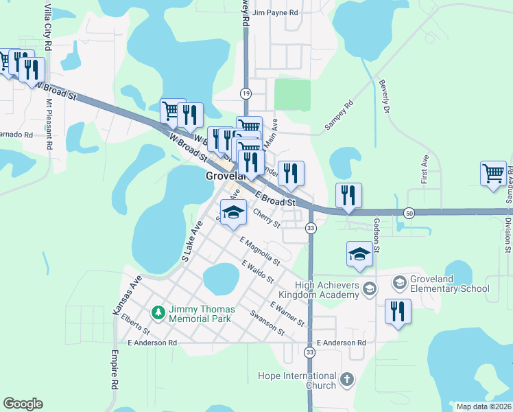map of restaurants, bars, coffee shops, grocery stores, and more near 239 South Indiana Avenue in Groveland