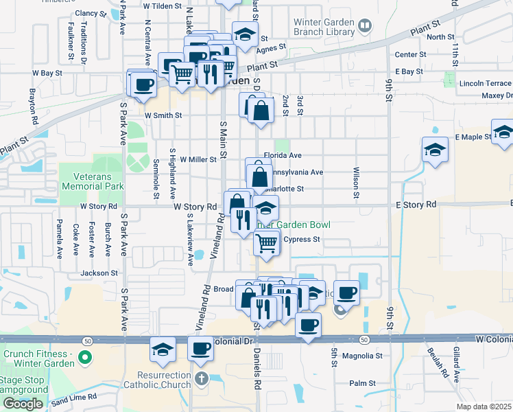 map of restaurants, bars, coffee shops, grocery stores, and more near 600 South Dillard Street in Winter Garden