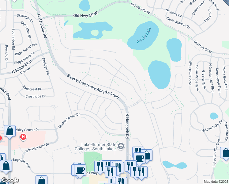 map of restaurants, bars, coffee shops, grocery stores, and more near 2440 Prairie Dunes in Clermont