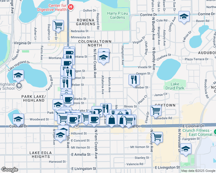 map of restaurants, bars, coffee shops, grocery stores, and more near 1718 Weber Street in Orlando