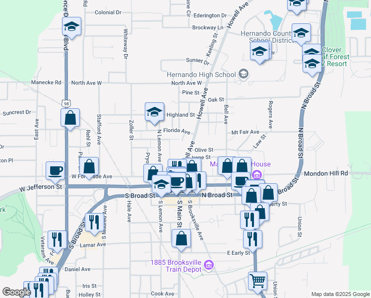 map of restaurants, bars, coffee shops, grocery stores, and more near 315 Howell Avenue in Brooksville