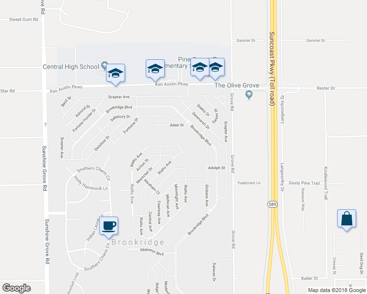 map of restaurants, bars, coffee shops, grocery stores, and more near 14625 Rialto Avenue in Brooksville