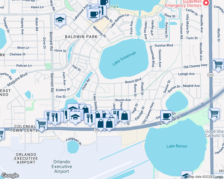 map of restaurants, bars, coffee shops, grocery stores, and more near 4288 Beach Boulevard in Orlando