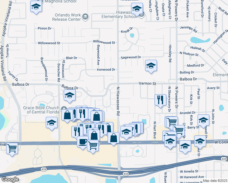 map of restaurants, bars, coffee shops, grocery stores, and more near 1477 Magellan Circle in Orlando
