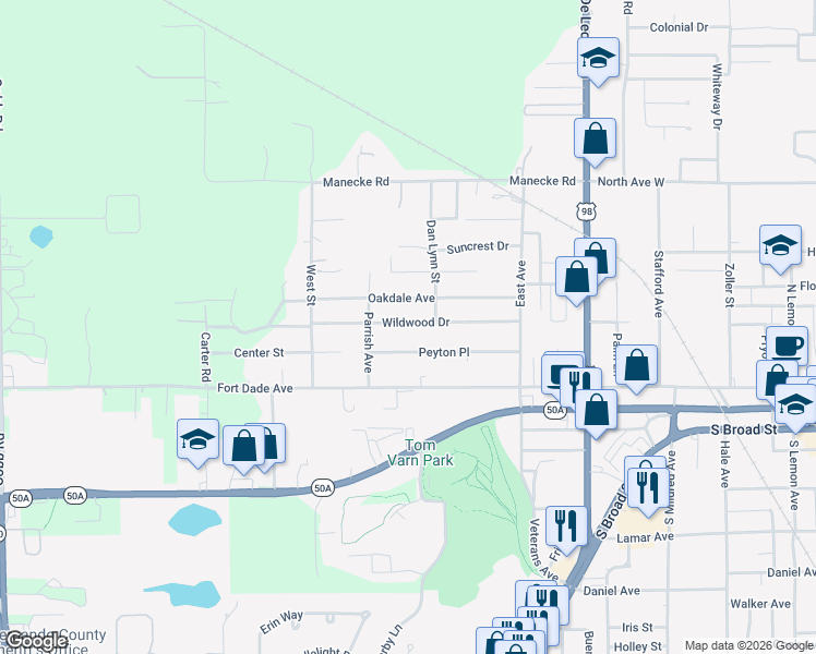 map of restaurants, bars, coffee shops, grocery stores, and more near 19496 Wildwood Drive in Brooksville