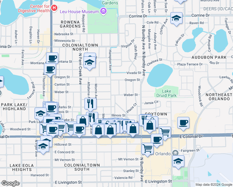 map of restaurants, bars, coffee shops, grocery stores, and more near 2015 Weber Street in Orlando