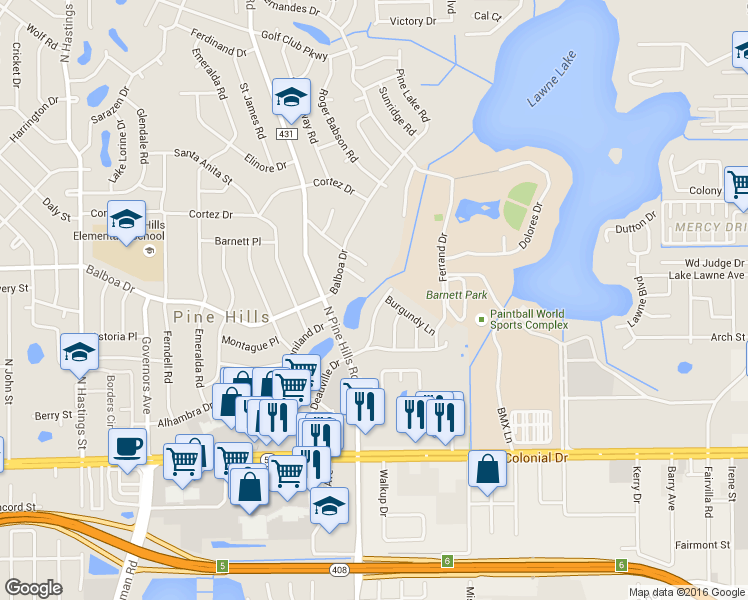 map of restaurants, bars, coffee shops, grocery stores, and more near 928 Alecon Drive in Orlando