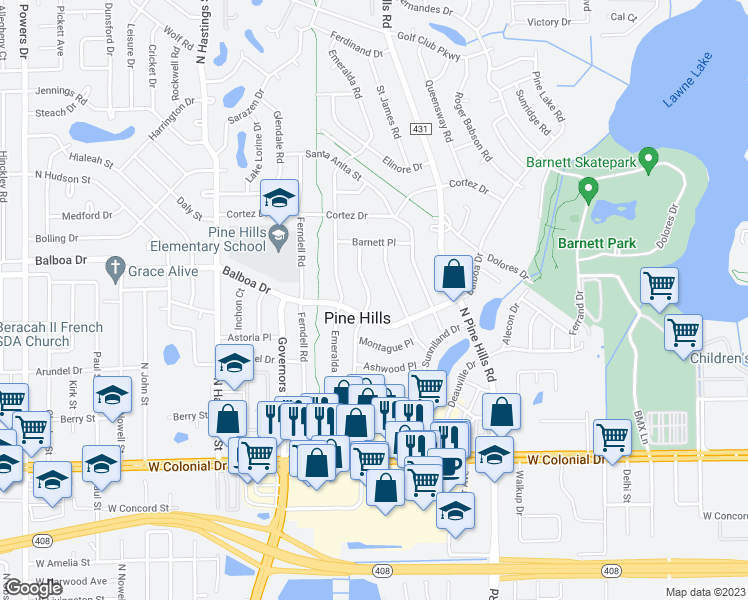 map of restaurants, bars, coffee shops, grocery stores, and more near 1005 San Domingo Road in Orlando