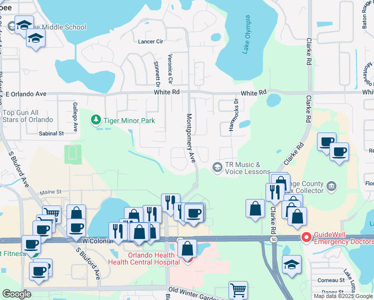 map of restaurants, bars, coffee shops, grocery stores, and more near 800 Kazaros Circle in Ocoee