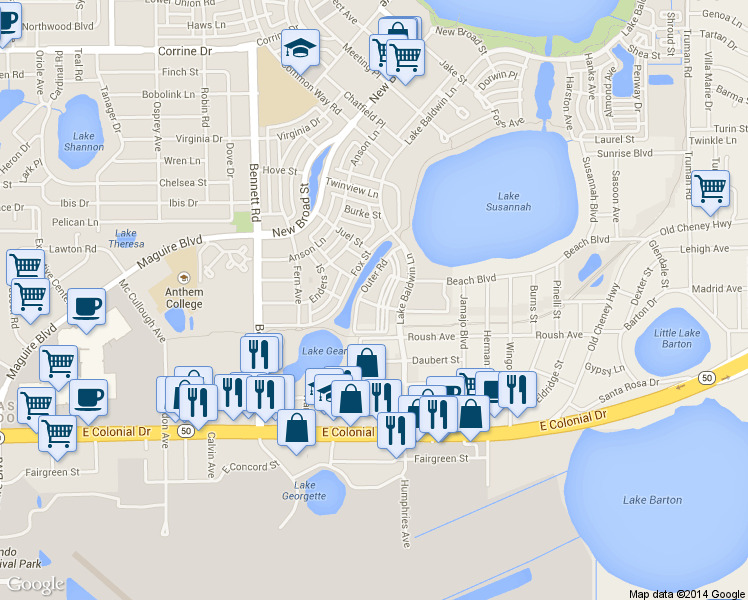 map of restaurants, bars, coffee shops, grocery stores, and more near 4625 Halder Lane in Orlando