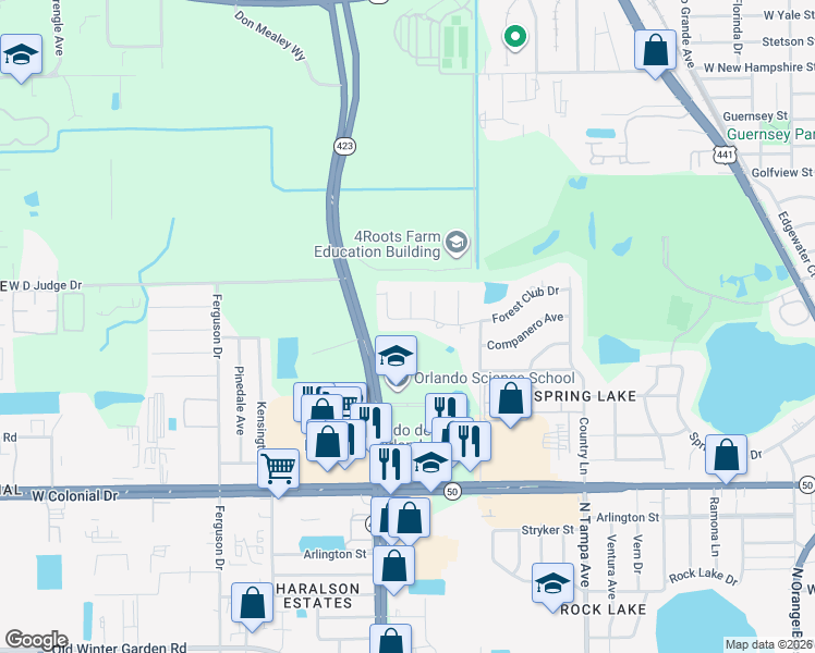 map of restaurants, bars, coffee shops, grocery stores, and more near 2460 Forest Club Drive in Orlando