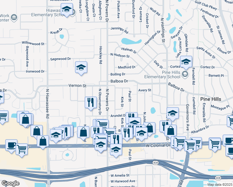 map of restaurants, bars, coffee shops, grocery stores, and more near 1315 Charles Street in Orlando