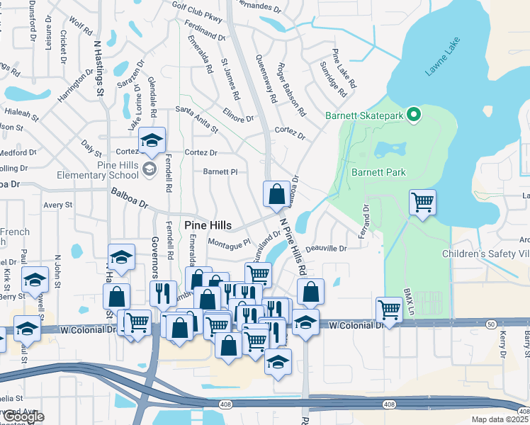 map of restaurants, bars, coffee shops, grocery stores, and more near 1001 Santa Anita Street in Orlando