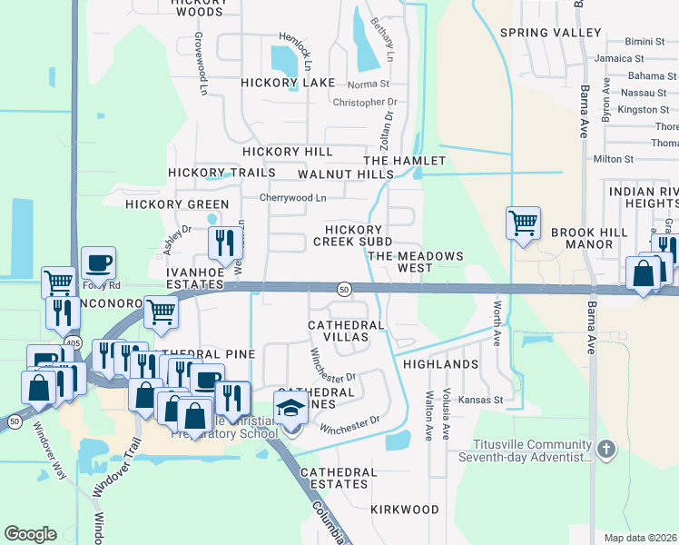 map of restaurants, bars, coffee shops, grocery stores, and more near 2598-2600 Cheney Highway in Titusville