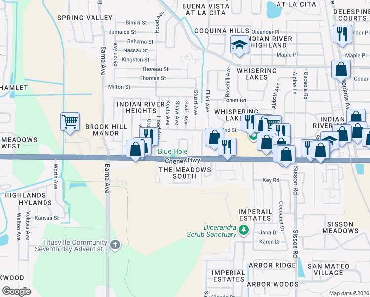 map of restaurants, bars, coffee shops, grocery stores, and more near 1110 Cheney Highway in Titusville
