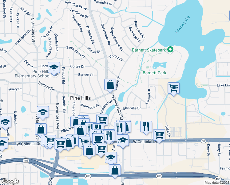 map of restaurants, bars, coffee shops, grocery stores, and more near 949 North Pine Hills Road in Orlando