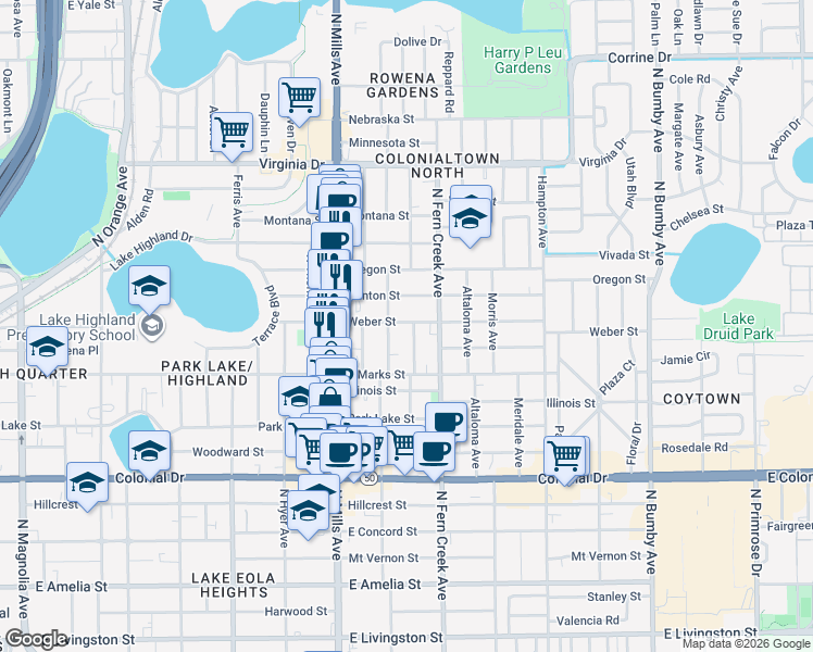 map of restaurants, bars, coffee shops, grocery stores, and more near 952 La Salle Avenue in Orlando