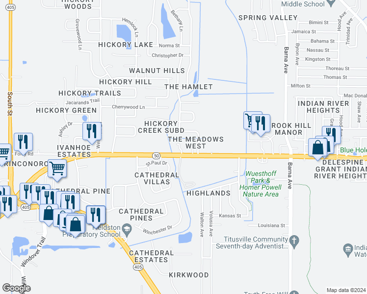 map of restaurants, bars, coffee shops, grocery stores, and more near 4577 Sleepy Oak Lane in Titusville