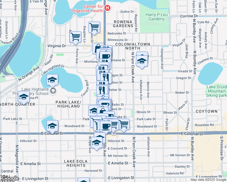 map of restaurants, bars, coffee shops, grocery stores, and more near 1300 Weber Street in Orlando