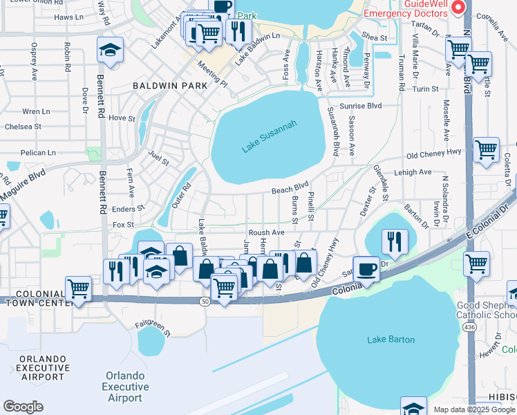 map of restaurants, bars, coffee shops, grocery stores, and more near 1050 Herman Ave in Orlando