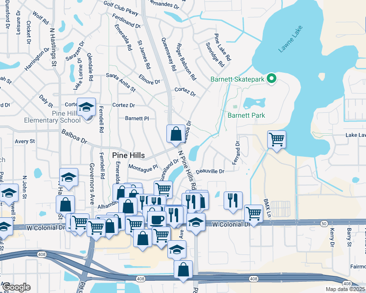 map of restaurants, bars, coffee shops, grocery stores, and more near 949 North Pine Hills Road in Orlando
