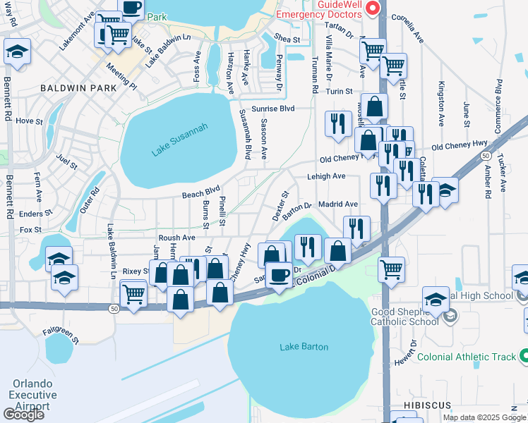 map of restaurants, bars, coffee shops, grocery stores, and more near 5214 Old Cheney Highway in Orlando