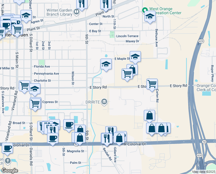 map of restaurants, bars, coffee shops, grocery stores, and more near 955 East Story Road in Winter Garden