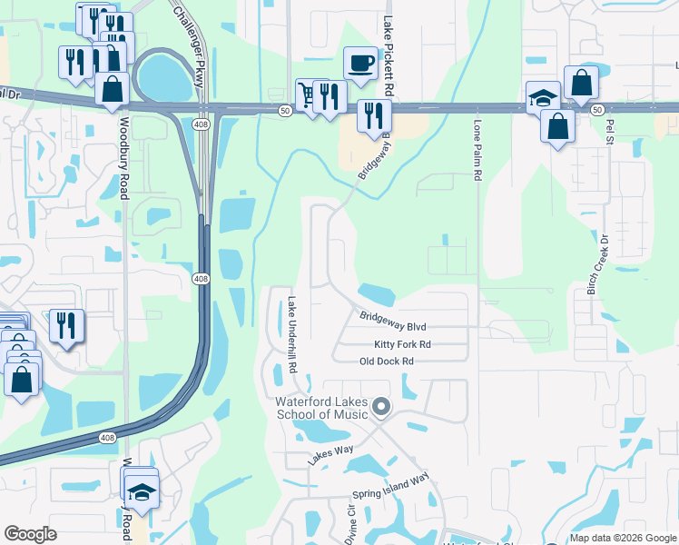map of restaurants, bars, coffee shops, grocery stores, and more near 1006 Drift Creek Cove in Orlando