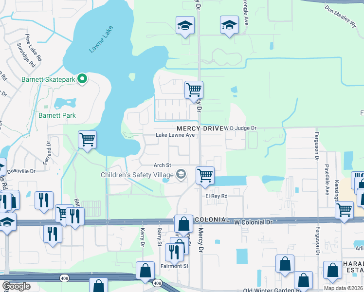 map of restaurants, bars, coffee shops, grocery stores, and more near 4349 Aetna Drive in Orlando