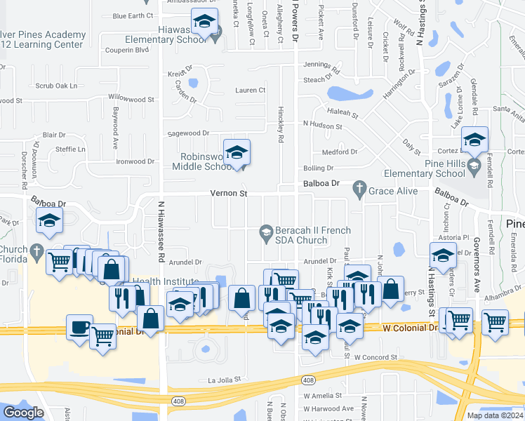 map of restaurants, bars, coffee shops, grocery stores, and more near 1375 N Buena Vista Ave in Orlando