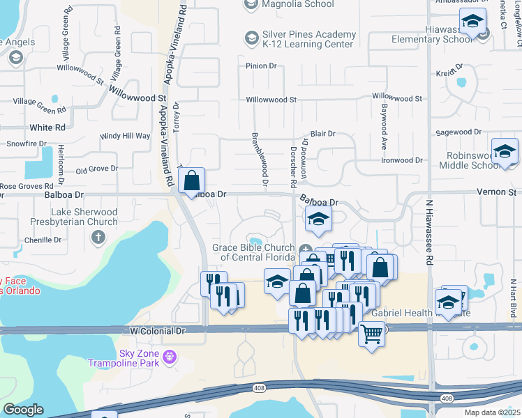 map of restaurants, bars, coffee shops, grocery stores, and more near 7243 Woodhill Park Drive in Orlando