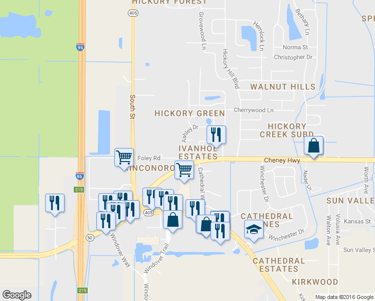 map of restaurants, bars, coffee shops, grocery stores, and more near 4623 Ashley Drive in Titusville