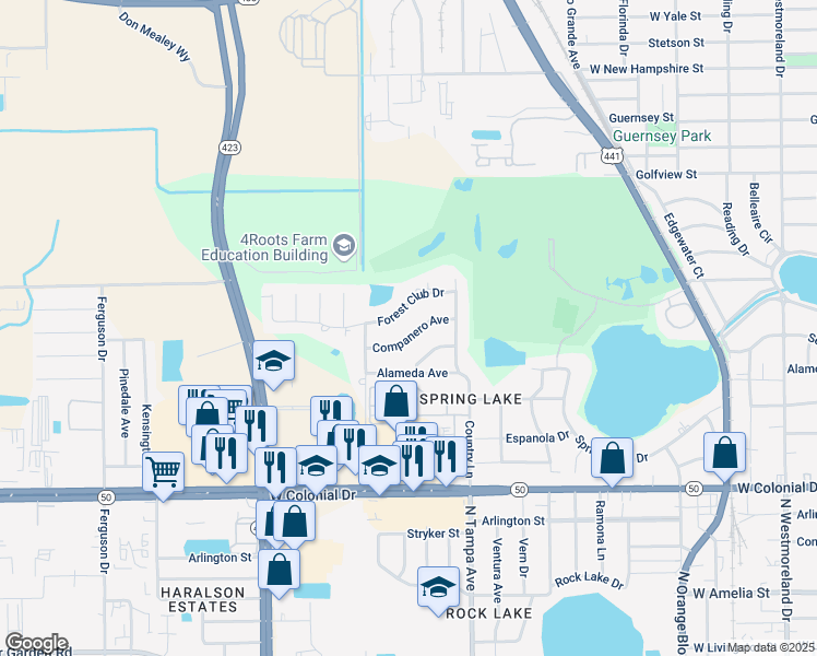 map of restaurants, bars, coffee shops, grocery stores, and more near 2047 Companero Avenue in Orlando