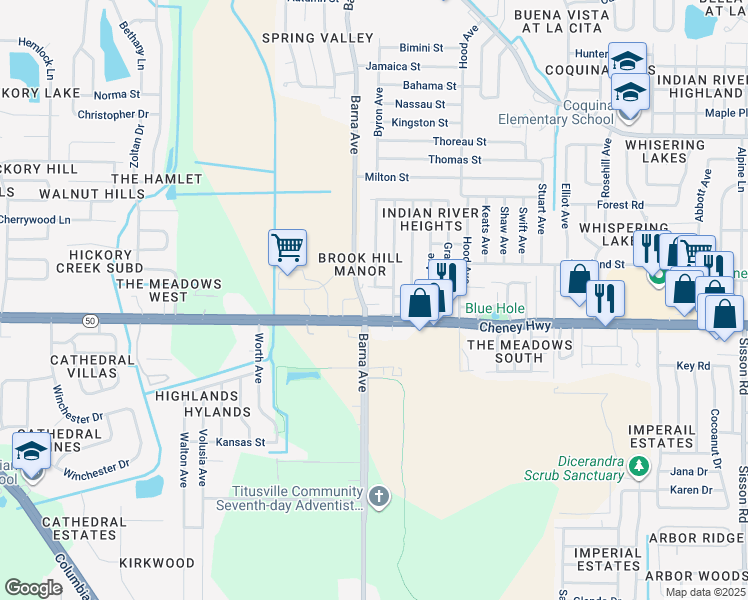 map of restaurants, bars, coffee shops, grocery stores, and more near 4570 Browning Avenue in Titusville