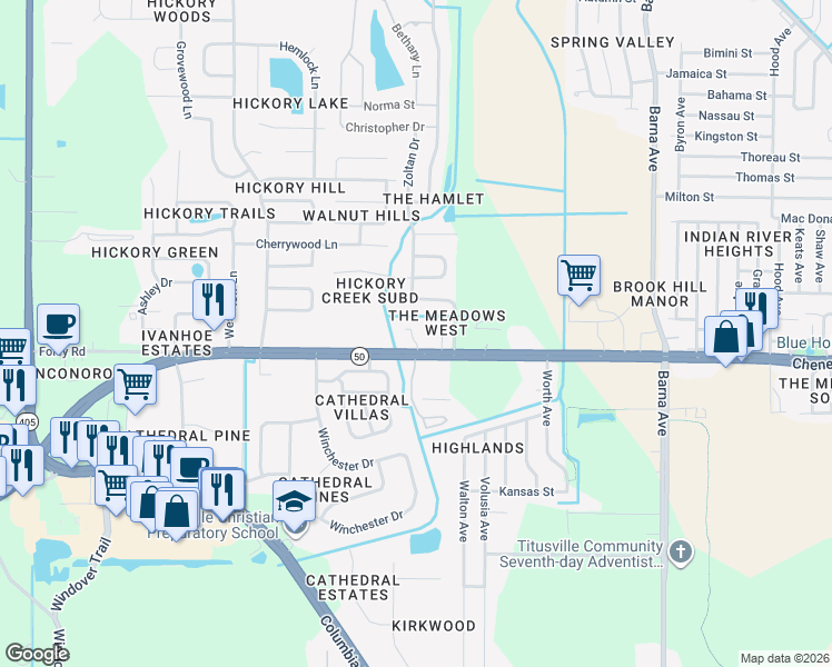 map of restaurants, bars, coffee shops, grocery stores, and more near 4577 Sleepy Oak Lane in Titusville