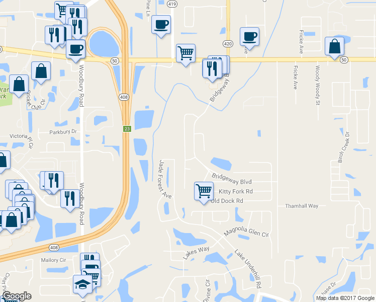 map of restaurants, bars, coffee shops, grocery stores, and more near 963 Cherry Valley Way in Orlando