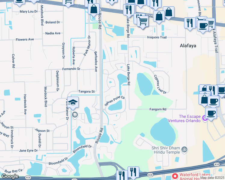 map of restaurants, bars, coffee shops, grocery stores, and more near 838 Pond Cypress Court in Orlando