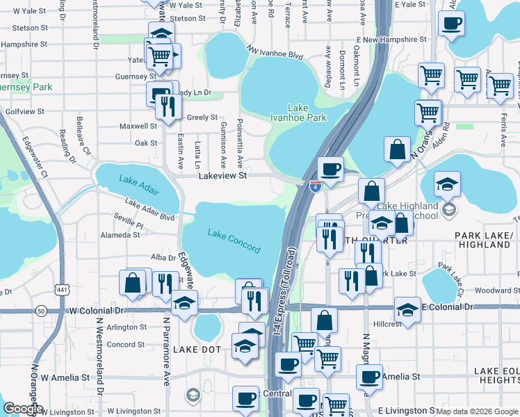 map of restaurants, bars, coffee shops, grocery stores, and more near 346 Lakeview Street in Orlando